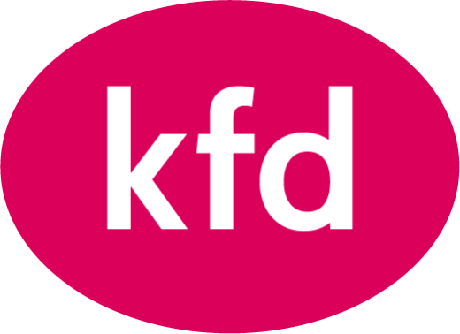 Die Buchstaben kfd in einer magentafarbenen Elipse.